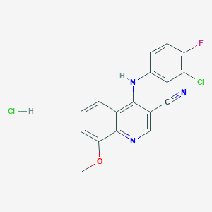 molecular formula C17H12Cl2FN3O B2671375 4-((3-Chloro-4-fluorophenyl)amino)-8-methoxyquinoline-3-carbonitrile hydrochloride CAS No. 1331304-96-1