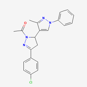 molecular formula C21H19ClN4O B2671384 1-(5-(4-chlorophenyl)-3'-methyl-1'-phenyl-3,4-dihydro-1'H,2H-[3,4'-bipyrazol]-2-yl)ethanone CAS No. 956770-31-3