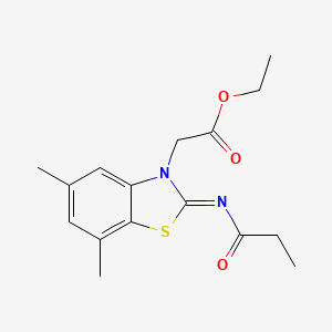 molecular formula C16H20N2O3S B2671393 Ethyl 2-(5,7-dimethyl-2-propanoylimino-1,3-benzothiazol-3-yl)acetate CAS No. 1321722-14-8