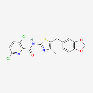 molecular formula C18H13Cl2N3O3S B2671398 N-{5-[(2H-1,3-benzodioxol-5-yl)methyl]-4-methyl-1,3-thiazol-2-yl}-3,6-dichloropyridine-2-carboxamide CAS No. 1110962-46-3