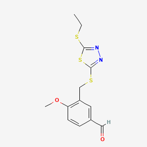 molecular formula C13H14N2O2S3 B2671452 3-[(5-乙基硫代-1,3,4-噻二唑-2-基)硫代甲基]-4-甲氧基苯甲醛 CAS No. 1356723-27-7