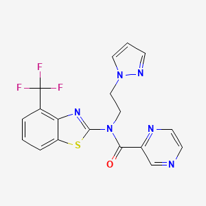 molecular formula C18H13F3N6OS B2671456 N-(2-(1H-pyrazol-1-yl)ethyl)-N-(4-(trifluoromethyl)benzo[d]thiazol-2-yl)pyrazine-2-carboxamide CAS No. 1396793-39-7