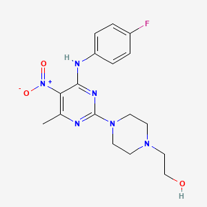 molecular formula C17H21FN6O3 B2671473 2-(4-(4-((4-氟苯基)氨基)-6-甲基-5-硝基嘧啶-2-基)哌嗪-1-基)乙醇 CAS No. 1203248-43-4