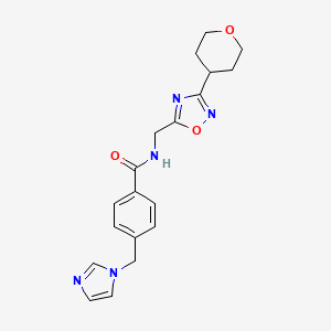 molecular formula C19H21N5O3 B2671482 4-((1H-imidazol-1-yl)methyl)-N-((3-(tetrahydro-2H-pyran-4-yl)-1,2,4-oxadiazol-5-yl)methyl)benzamide CAS No. 2034462-27-4