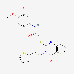 molecular formula C21H18FN3O3S3 B2671541 N-(3-fluoro-4-methoxyphenyl)-2-({4-oxo-3-[2-(thiophen-2-yl)ethyl]-3,4-dihydrothieno[3,2-d]pyrimidin-2-yl}sulfanyl)acetamide CAS No. 1260627-83-5