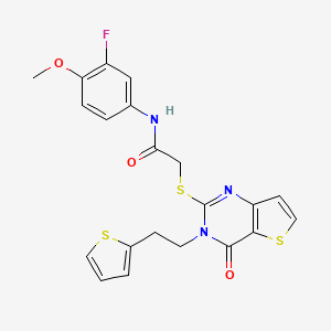 molecular formula C21H18FN3O3S3 B2671541 N-(3-氟-4-甲氧基苯基)-2-({4-氧代-3-[2-(噻吩-2-基)乙基]-3,4-二氢噻吩[3,2-d]嘧啶-2-基}硫基)乙酰胺 CAS No. 1260627-83-5