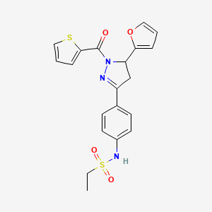 molecular formula C20H19N3O4S2 B2671552 N-[4-[3-(呋喃-2-基)-2-(噻吩-2-甲酰)-3,4-二氢吡唑-5-基]苯基]乙烷磺酰胺 CAS No. 714263-20-4