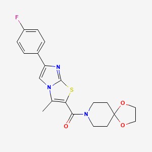 molecular formula C20H20FN3O3S B2671654 (6-(4-Fluorophenyl)-3-methylimidazo[2,1-b]thiazol-2-yl)(1,4-dioxa-8-azaspiro[4.5]decan-8-yl)methanone CAS No. 852133-82-5