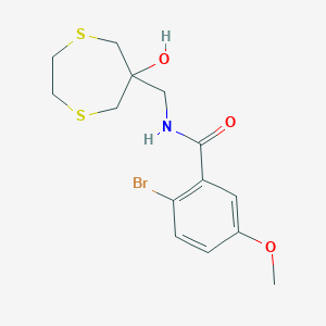 molecular formula C14H18BrNO3S2 B2671675 2-Bromo-N-[(6-hydroxy-1,4-dithiepan-6-yl)methyl]-5-methoxybenzamide CAS No. 2415602-55-8