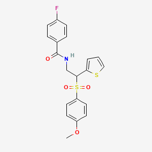 molecular formula C20H18FNO4S2 B2671677 4-氟-N-[2-[(4-甲氧基苯基)磺酰]-2-(2-噻吩基)乙基]苯甲酰胺 CAS No. 946348-29-4