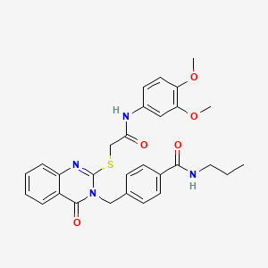 molecular formula C29H30N4O5S B2671702 4-((2-((2-((3,4-dimethoxyphenyl)amino)-2-oxoethyl)thio)-4-oxoquinazolin-3(4H)-yl)methyl)-N-propylbenzamide CAS No. 1115549-22-8