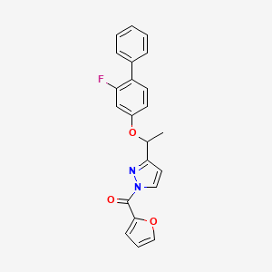 molecular formula C22H17FN2O3 B2671716 (3-{1-[(2-fluoro[1,1'-biphenyl]-4-yl)oxy]ethyl}-1H-pyrazol-1-yl)(2-furyl)methanone CAS No. 477709-15-2