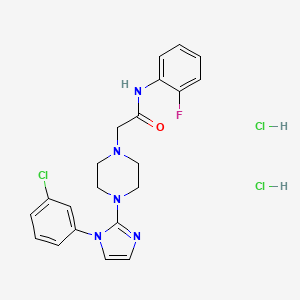 molecular formula C21H23Cl3FN5O B2671818 2-(4-(1-(3-氯苯基)-1H-咪唑-2-基)哌嗪-1-基)-N-(2-氟苯基)乙酰胺二盐酸盐 CAS No. 1323697-92-2