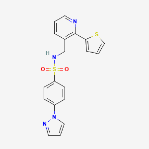 molecular formula C19H16N4O2S2 B2671842 4-(1H-pyrazol-1-yl)-N-((2-(thiophen-2-yl)pyridin-3-yl)methyl)benzenesulfonamide CAS No. 2034246-40-5