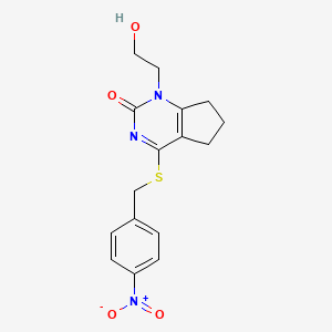 molecular formula C16H17N3O4S B2671855 1-(2-hydroxyethyl)-4-((4-nitrobenzyl)thio)-6,7-dihydro-1H-cyclopenta[d]pyrimidin-2(5H)-one CAS No. 942013-24-3