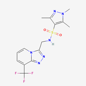 molecular formula C14H15F3N6O2S B2671856 1,3,5-三甲基-N-((8-(三氟甲基)-[1,2,4]三唑并[4,3-a]吡啶-3-基)甲基)-1H-吡唑-4-磺酰胺 CAS No. 2034551-29-4