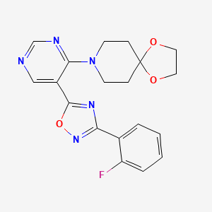 molecular formula C19H18FN5O3 B2671963 8-(5-(3-(2-Fluorophenyl)-1,2,4-oxadiazol-5-yl)pyrimidin-4-yl)-1,4-dioxa-8-azaspiro[4.5]decane CAS No. 2034446-87-0