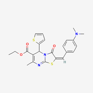 molecular formula C23H23N3O3S2 B2672011 (E)-乙酸乙酯 2-(4-(二甲胺基)苯甲亚甲基)-7-甲基-3-氧代-5-(噻吩-2-基)-3,5-二氢-2H-噻唑并[3,2-a]嘧啶-6-甲酸酯 CAS No. 306309-87-5