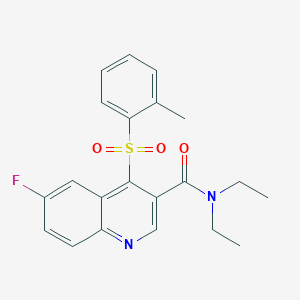 molecular formula C21H21FN2O3S B2672081 N,N-diethyl-6-fluoro-4-(o-tolylsulfonyl)quinoline-3-carboxamide CAS No. 1110990-01-6