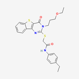 molecular formula C25H27N3O3S2 B2672104 2-((3-(3-ethoxypropyl)-4-oxo-3,4-dihydrobenzo[4,5]thieno[3,2-d]pyrimidin-2-yl)thio)-N-(4-ethylphenyl)acetamide CAS No. 865655-21-6