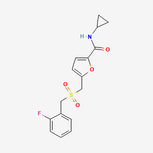 molecular formula C16H16FNO4S B2672106 N-cyclopropyl-5-(((2-fluorobenzyl)sulfonyl)methyl)furan-2-carboxamide CAS No. 1448067-49-9