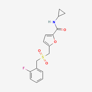 molecular formula C16H16FNO4S B2672106 N-环丙基-5-(((2-氟苯甲基)磺酰)甲基)呋喃-2-甲酸酯 CAS No. 1448067-49-9