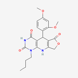 molecular formula C21H23N3O6 B2672114 13-Butyl-8-(2,4-dimethoxyphenyl)-5-oxa-2,11,13-triazatricyclo[7.4.0.0^{3,7}]trideca-1(9),3(7)-diene-6,10,12-trione CAS No. 848289-93-0