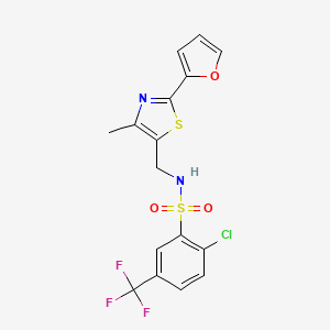 molecular formula C16H12ClF3N2O3S2 B2672130 2-chloro-N-((2-(furan-2-yl)-4-methylthiazol-5-yl)methyl)-5-(trifluoromethyl)benzenesulfonamide CAS No. 1421465-76-0