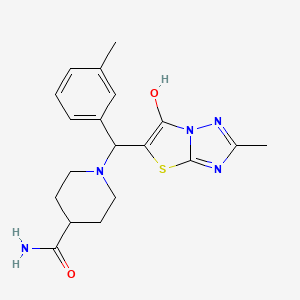 molecular formula C19H23N5O2S B2672156 1-((6-羟基-2-甲基噻唑并[3,2-b][1,2,4]噁嗪-5-基)(间甲苯基)甲基)哌啶-4-甲酰胺 CAS No. 869344-59-2