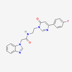 molecular formula C21H18FN5O2 B2672205 2-(1H-benzo[d]imidazol-1-yl)-N-(2-(4-(4-fluorophenyl)-6-oxopyrimidin-1(6H)-yl)ethyl)acetamide CAS No. 1351654-42-6