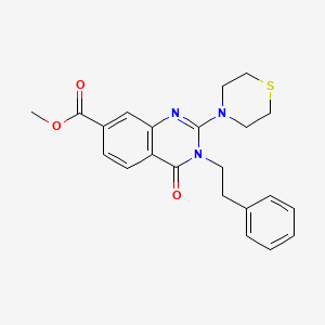 molecular formula C22H23N3O3S B2672206 Methyl 4-oxo-3-phenethyl-2-thiomorpholino-3,4-dihydroquinazoline-7-carboxylate CAS No. 1251613-60-1