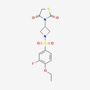 molecular formula C14H15FN2O5S2 B2672280 3-(1-((4-乙氧基-3-氟苯基)磺酰基)吖唑-3-基)噻唑烷-2,4-二酮 CAS No. 1798512-02-3