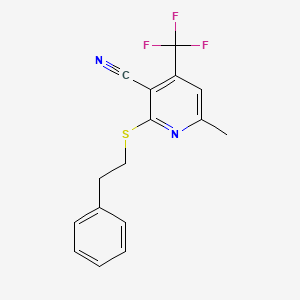 molecular formula C16H13F3N2S B2672306 6-Methyl-2-(phenethylthio)-4-(trifluoromethyl)nicotinonitrile CAS No. 905784-93-2
