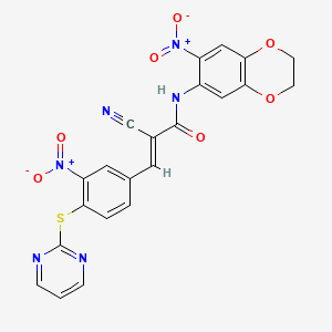 molecular formula C22H14N6O7S B2672332 (E)-2-氰基-N-(6-硝基-2,3-二氢-1,4-苯并二噁杂环[7]芳烃-7-基)-3-(3-硝基-4-嘧啶-2-基硫代基苯基)丙-2-烯酰胺 CAS No. 741728-28-9