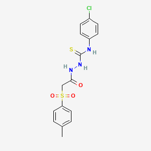 molecular formula C16H16ClN3O3S2 B2672393 N-(4-chlorophenyl)-2-{2-[(4-methylphenyl)sulfonyl]acetyl}-1-hydrazinecarbothioamide CAS No. 1024436-85-8
