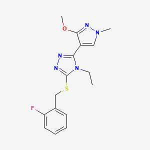 molecular formula C16H18FN5OS B2672436 4-ethyl-3-((2-fluorobenzyl)thio)-5-(3-methoxy-1-methyl-1H-pyrazol-4-yl)-4H-1,2,4-triazole CAS No. 1013774-58-7