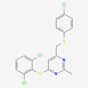 molecular formula C18H13Cl3N2S2 B2672465 4-Chlorophenyl {6-[(2,6-dichlorophenyl)sulfanyl]-2-methyl-4-pyrimidinyl}methyl sulfide CAS No. 339278-81-8