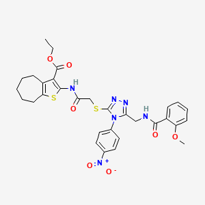 molecular formula C31H32N6O7S2 B2672570 ethyl 2-(2-((5-((2-methoxybenzamido)methyl)-4-(4-nitrophenyl)-4H-1,2,4-triazol-3-yl)thio)acetamido)-5,6,7,8-tetrahydro-4H-cyclohepta[b]thiophene-3-carboxylate CAS No. 393808-94-1