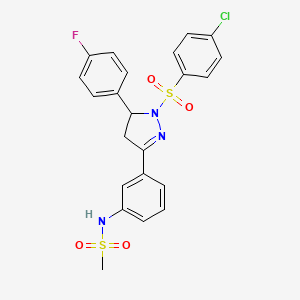 molecular formula C22H19ClFN3O4S2 B2672575 N-(3-(1-((4-chlorophenyl)sulfonyl)-5-(4-fluorophenyl)-4,5-dihydro-1H-pyrazol-3-yl)phenyl)methanesulfonamide CAS No. 851782-14-4