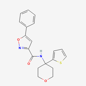 molecular formula C19H18N2O3S B2672578 5-phenyl-N-(4-(thiophen-2-yl)tetrahydro-2H-pyran-4-yl)isoxazole-3-carboxamide CAS No. 2034244-81-8