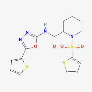 molecular formula C16H16N4O4S3 B2672585 N-(5-(thiophen-2-yl)-1,3,4-oxadiazol-2-yl)-1-(thiophen-2-ylsulfonyl)piperidine-2-carboxamide CAS No. 1049832-88-3