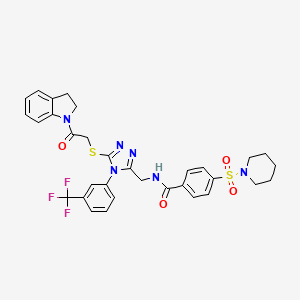 molecular formula C32H31F3N6O4S2 B2672598 N-((5-((2-(indolin-1-yl)-2-oxoethyl)thio)-4-(3-(trifluoromethyl)phenyl)-4H-1,2,4-triazol-3-yl)methyl)-4-(piperidin-1-ylsulfonyl)benzamide CAS No. 310449-74-2