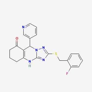 molecular formula C21H18FN5OS B2672609 2-[(2-fluorobenzyl)thio]-9-pyridin-3-yl-5,6,7,9-tetrahydro[1,2,4]triazolo[5,1-b]quinazolin-8(4H)-one CAS No. 536982-38-4
