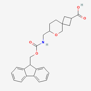 molecular formula C25H27NO5 B2672652 7-[(9H-Fluoren-9-ylmethoxycarbonylamino)methyl]-6-oxaspiro[3.5]nonane-2-carboxylic acid CAS No. 2503203-56-1