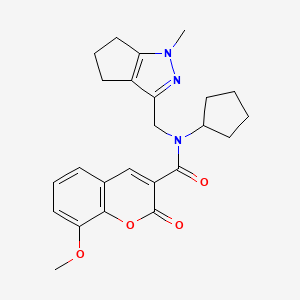 molecular formula C24H27N3O4 B2672657 N-环戊基-8-甲氧基-N-((1-甲基-1,4,5,6-四氢环戊[c]吡唑-3-基)甲基)-2-氧代-2H-香豆素-3-羧酰胺 CAS No. 2034239-98-8