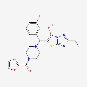 molecular formula C22H22FN5O3S B2672659 (4-((2-乙基-6-羟基噻唑并[3,2-b][1,2,4]三唑-5-基)(3-氟苯基)甲基)哌嗪-1-基)(呋喃-2-基)甲酮 CAS No. 898349-60-5