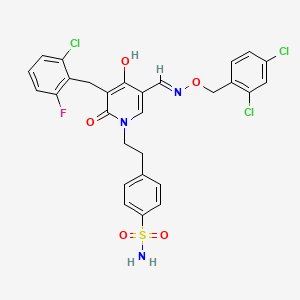 molecular formula C28H23Cl3FN3O5S B2672678 4-{2-[3-(2-chloro-6-fluorobenzyl)-5-({[(2,4-dichlorobenzyl)oxy]imino}methyl)-4-hydroxy-2-oxo-1(2H)-pyridinyl]ethyl}benzenesulfonamide CAS No. 477869-90-2