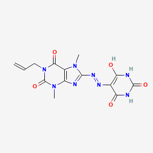 molecular formula C14H14N8O5 B2672683 5-(2-(1-allyl-3,7-dimethyl-2,6-dioxo-2,3,6,7-tetrahydro-1H-purin-8-yl)hydrazono)pyrimidine-2,4,6(1H,3H,5H)-trione CAS No. 887200-82-0