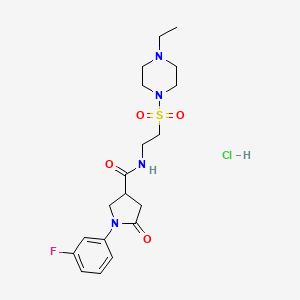 molecular formula C19H28ClFN4O4S B2672730 N-(2-((4-ethylpiperazin-1-yl)sulfonyl)ethyl)-1-(3-fluorophenyl)-5-oxopyrrolidine-3-carboxamide hydrochloride CAS No. 1189897-41-3