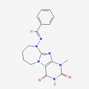 molecular formula C17H18N6O2 B2672805 10-((1E)-2-phenyl-1-azavinyl)-1-methyl-1,3,5-trihydro-6H,7H,8H,9H-1,3-diazaper hydroepino[1,2-h]purine-2,4-dione CAS No. 1118866-03-7